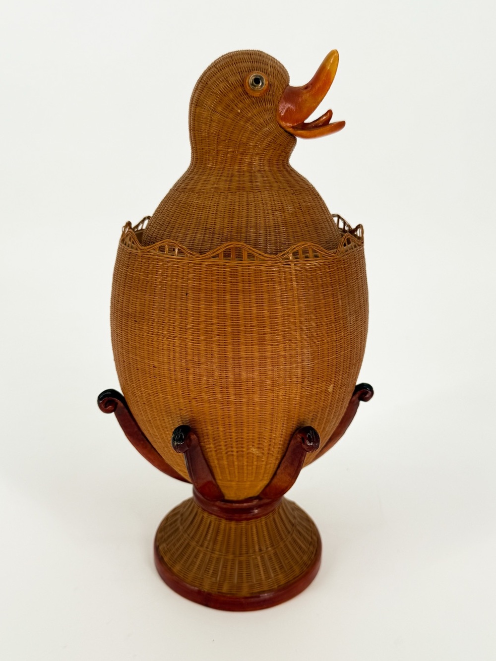 Vintage 1970s Shanghai Handicrafts Woven Wicker Duck Basket With Original Label